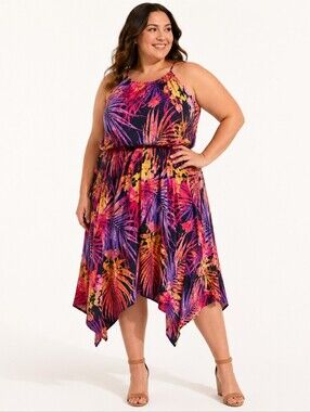 Lane Bryant Halter Dress Size 18 20 Pink Purple Asymmetrical Hem Flowy Tropical
